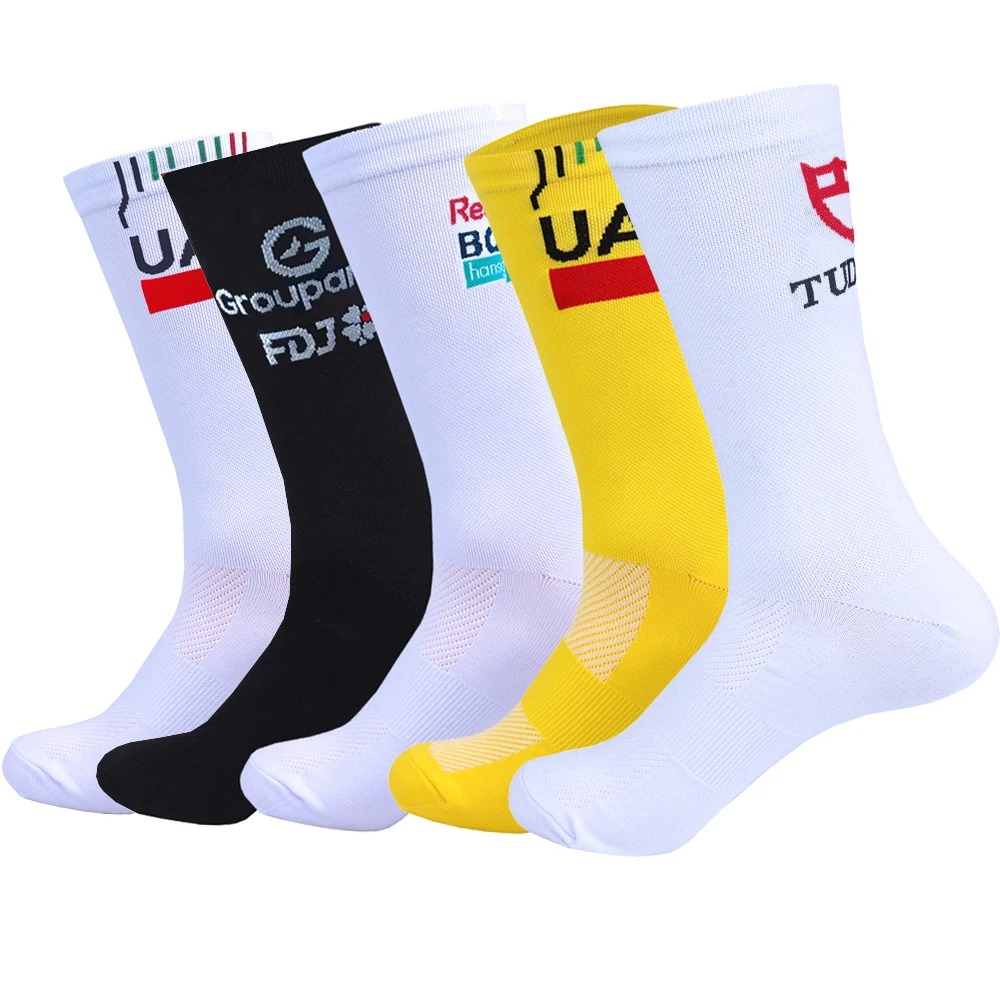 New White UAE Team FDJ Cycling Socks Non Slip Soccer Socks Cushioned Breathable For Running Basketball Bike Sports Grip Socks