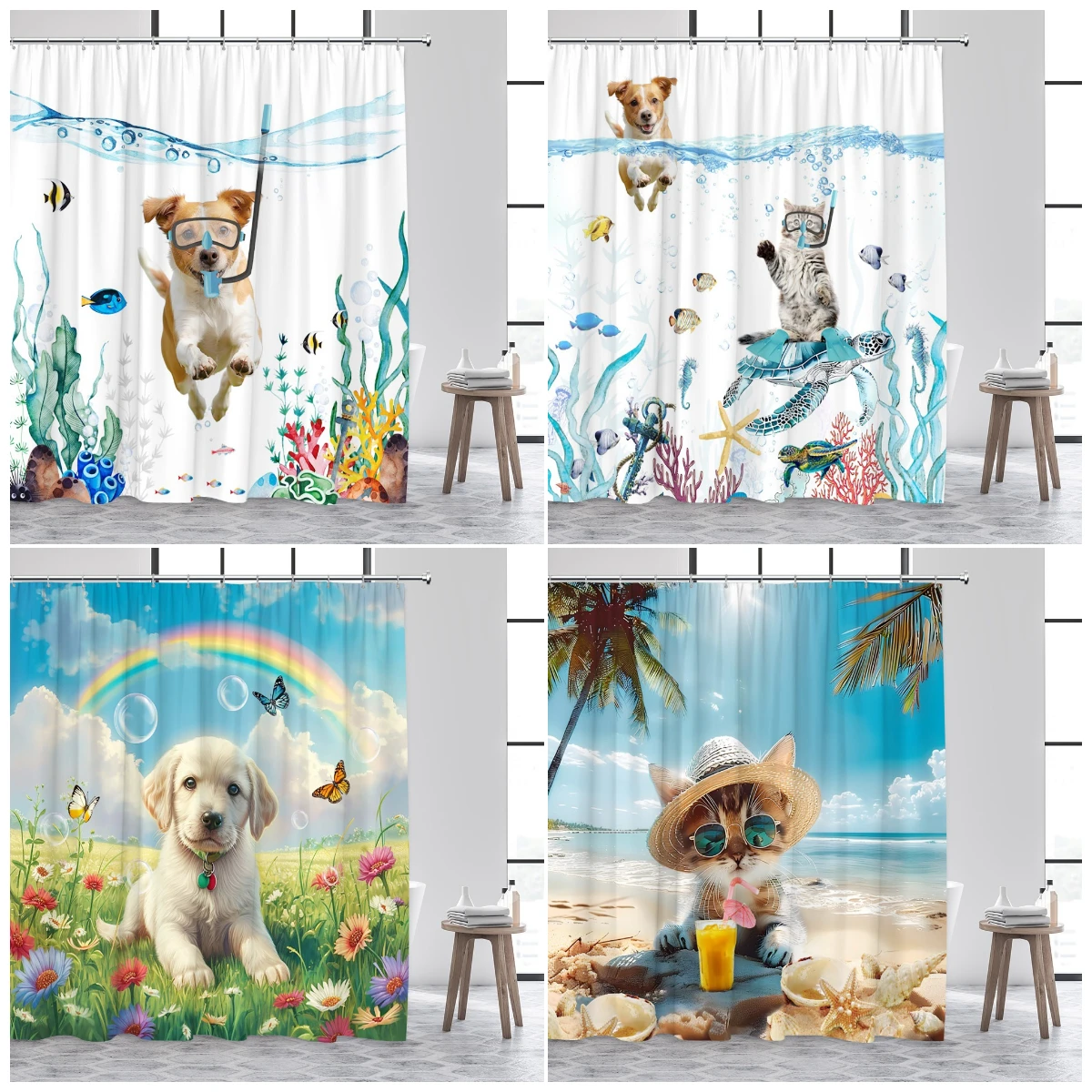 

Funny Animals Shower Curtains Diving Cat Dog Sea Turtle Ocean Beach Landscape Bathroom Curtain Set Fabric Home Decor with Hooks