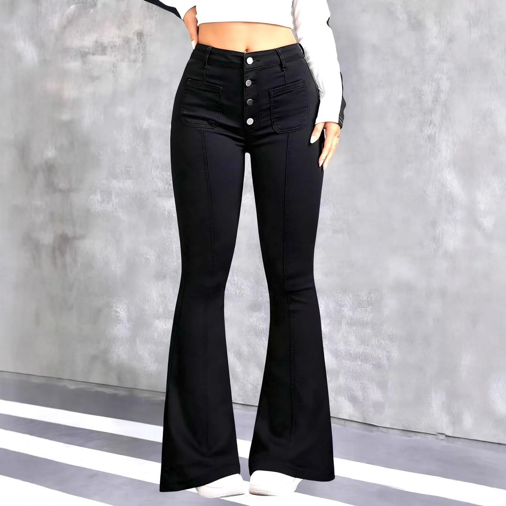 Jeans Flare Pants Women Boot Cut Washed Strecth Mid Waist Single Breasted Streetwear Female Vintage Distressed Trousers Denims