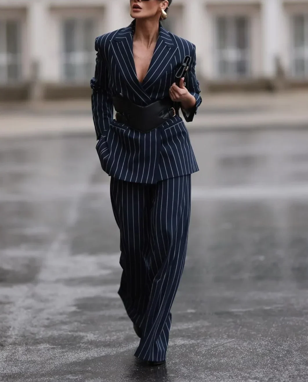 Krisstar 2025 New Suit Pants for Women Business Office Clothing Fall Spring Autumn Winter Striped Female Long Wide Leg Trousers