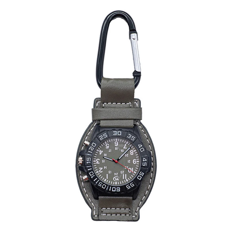 Montre de poche à quartz avec mousqueton pour la marche et le camping, cintre en cuir, horloge à affichage analogique à clipser, sac à dos extérieur, tendance