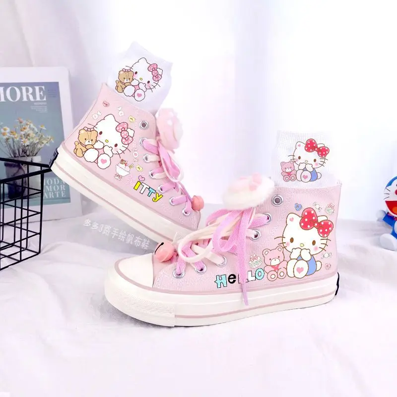 Pink Canvas For Women's High Top 2024 Spring New hello kitty KT Cat Cartoon Students Versatile Hand-Painted Board women Shoes