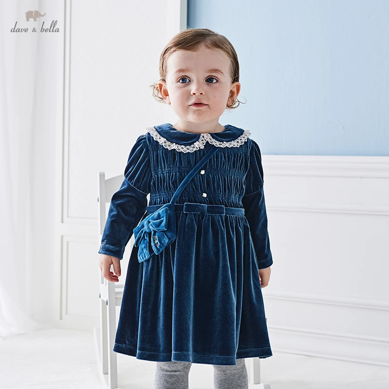 Dave Bella Spring Autumn Peacock Blue Dress Long Sleeve Party Dress Lapel Collar Cotton Loose Children Clothes DB3223459