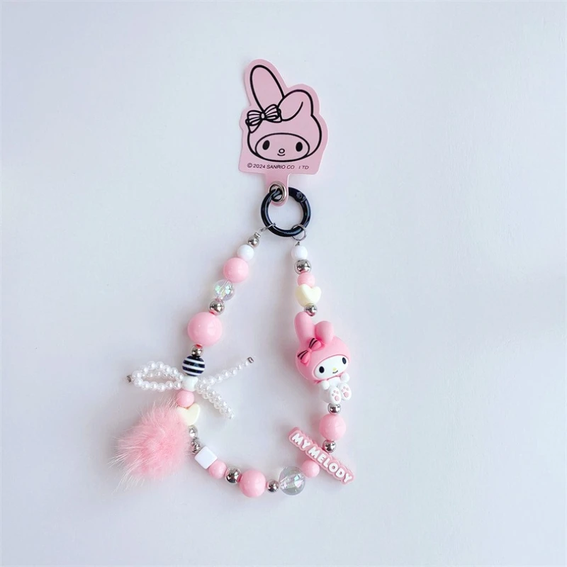 Sanrio-serie grijze en roze kralenketting sleutelhanger schattige Kuromi My Melody rugzak decoratieve hanger kinderspeelgoed verjaardagscadeau