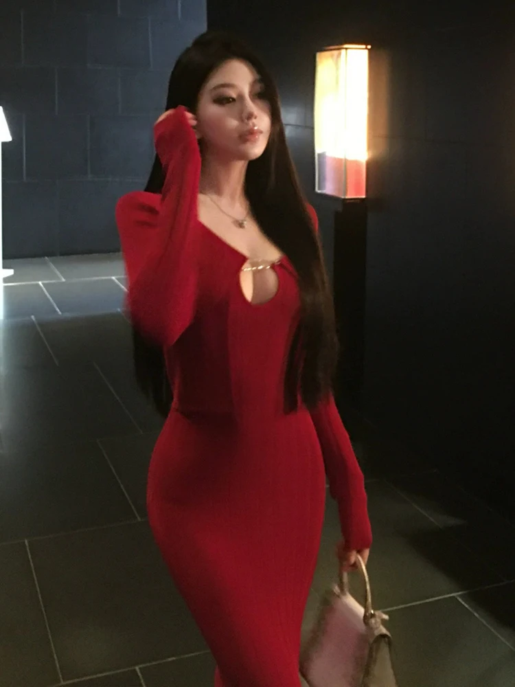 

Ele Red Knitted Dr Long Two-Piece Set Bodycon Pure Desire ature Wind Strapl Long Sve Outerwear Set
