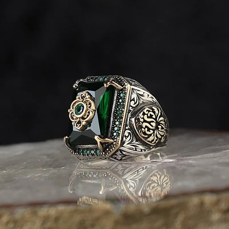 Retro Handmade Turkish Signet Ring for Men Vintage Silver Color Carving Pattern Inlay Green Zircon Party Punk Motor Biker Ring