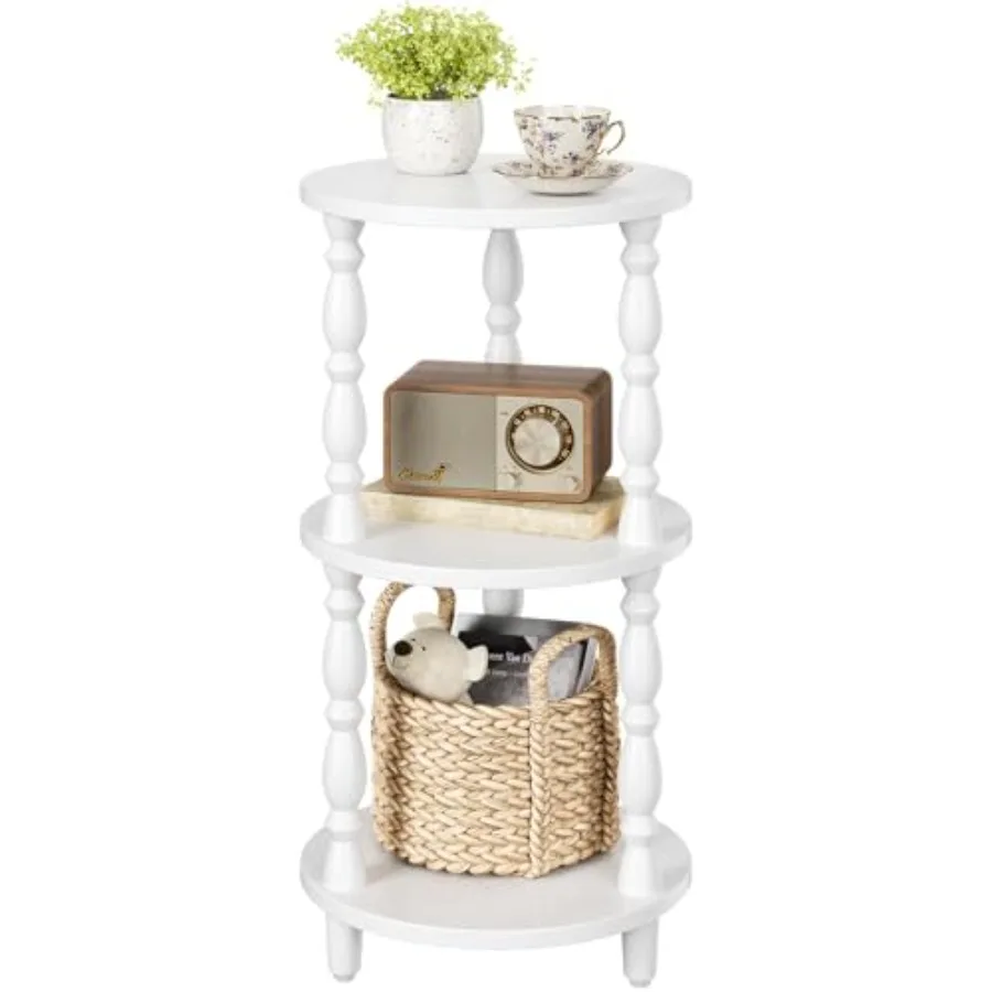 

Small Round Side Table - 3-Tier Wood End Table with Storage Shelf, White Narrow Bedside Nightstand for Bedroom, Living Room Acc