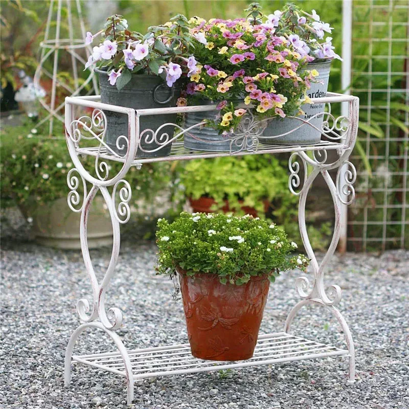 Outdoor Ironwork Plant Stand Garden Balcony Flower Stand Double-layer Floor Shelf Decoration Stable Load-bearing Flower Holders