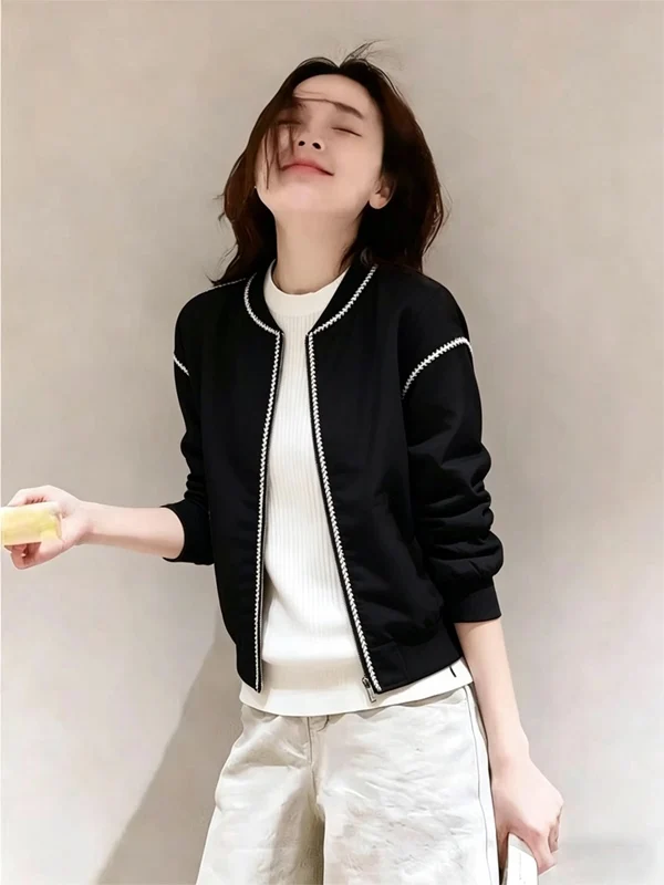 

Black Short Jacket Women's Luxury Style Loose Cardigan Spring Autumn Small Size Baseball Uniform Top Fashion Outerwear