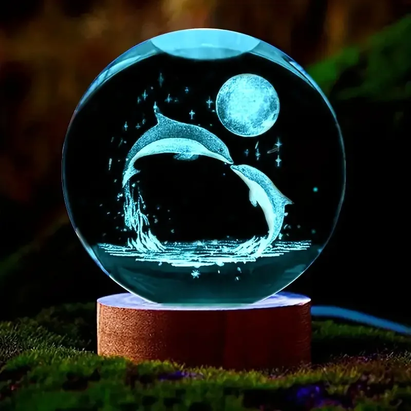 1pc 3D Dolphin Moon crystal ball, regalo di compleanno per moglie amico 3D inciso al laser animale marino decorazione della lampada della statua