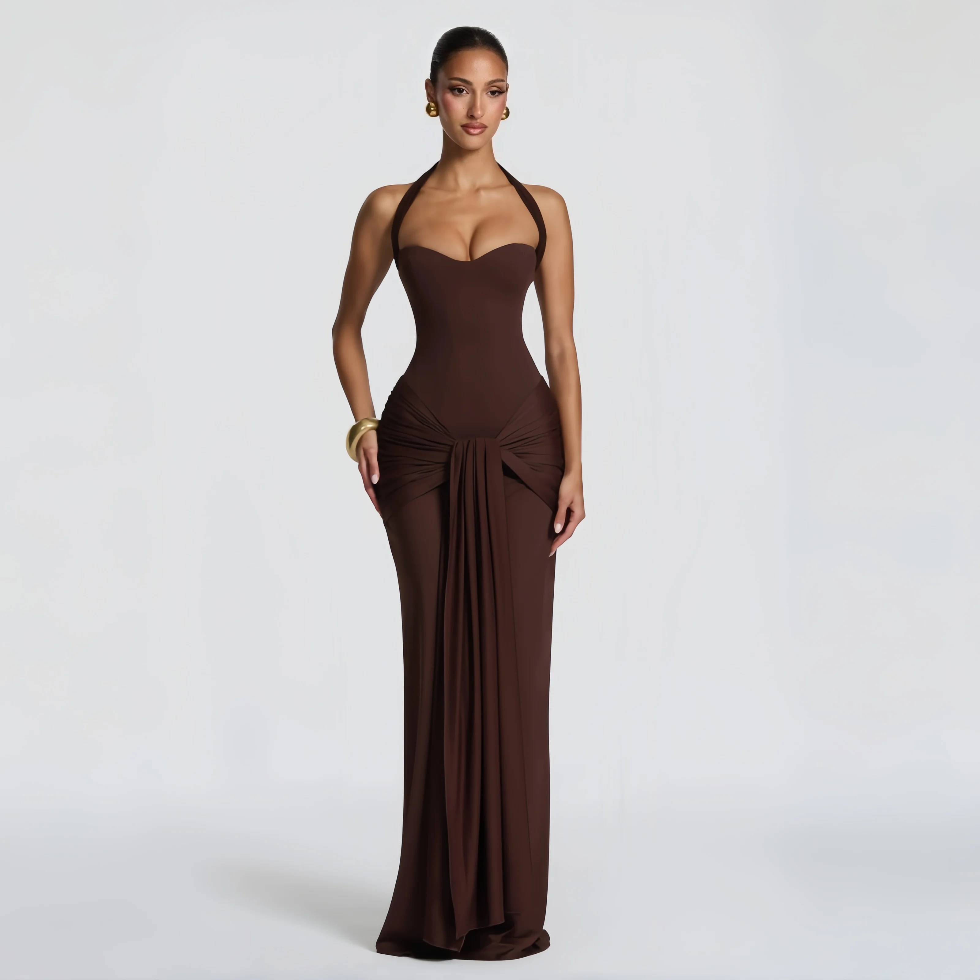 

Sexy Halter Neck Backless Corset Evening Gown Chocolate Bodycon Maxi Dress Mermaid Formal Party Dress Birthday Prom Clubwear