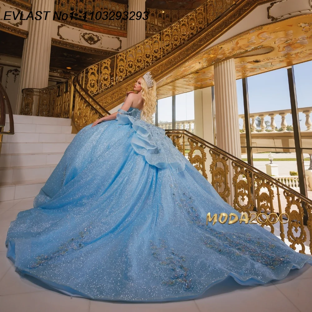 EVLAST Maßgeschneidertes glitzerndes 2025, himmelblaues Quinceanera-Kleid, Ballkleid, Spitze, Perlenstickerei, Schleife, Sweet 16, Vestido De 15 Anos E1Q105