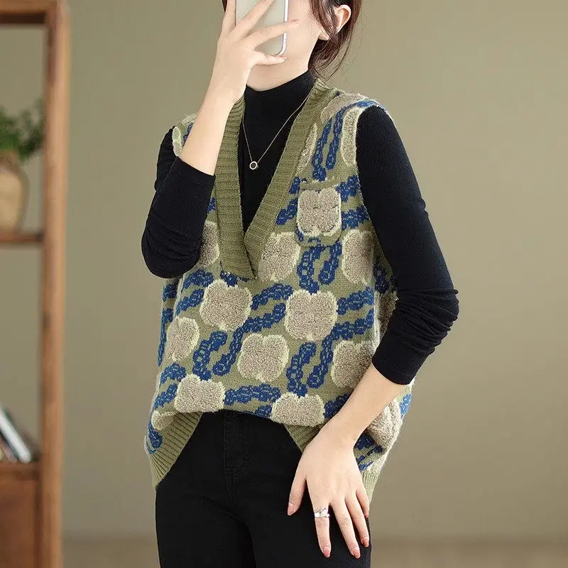 

Vintage Jacquard Sweater Vest Contrast Color Sleeveless Top V-Neck Knit Women's Spring And Autumn Loose Versatile Tank Z3148