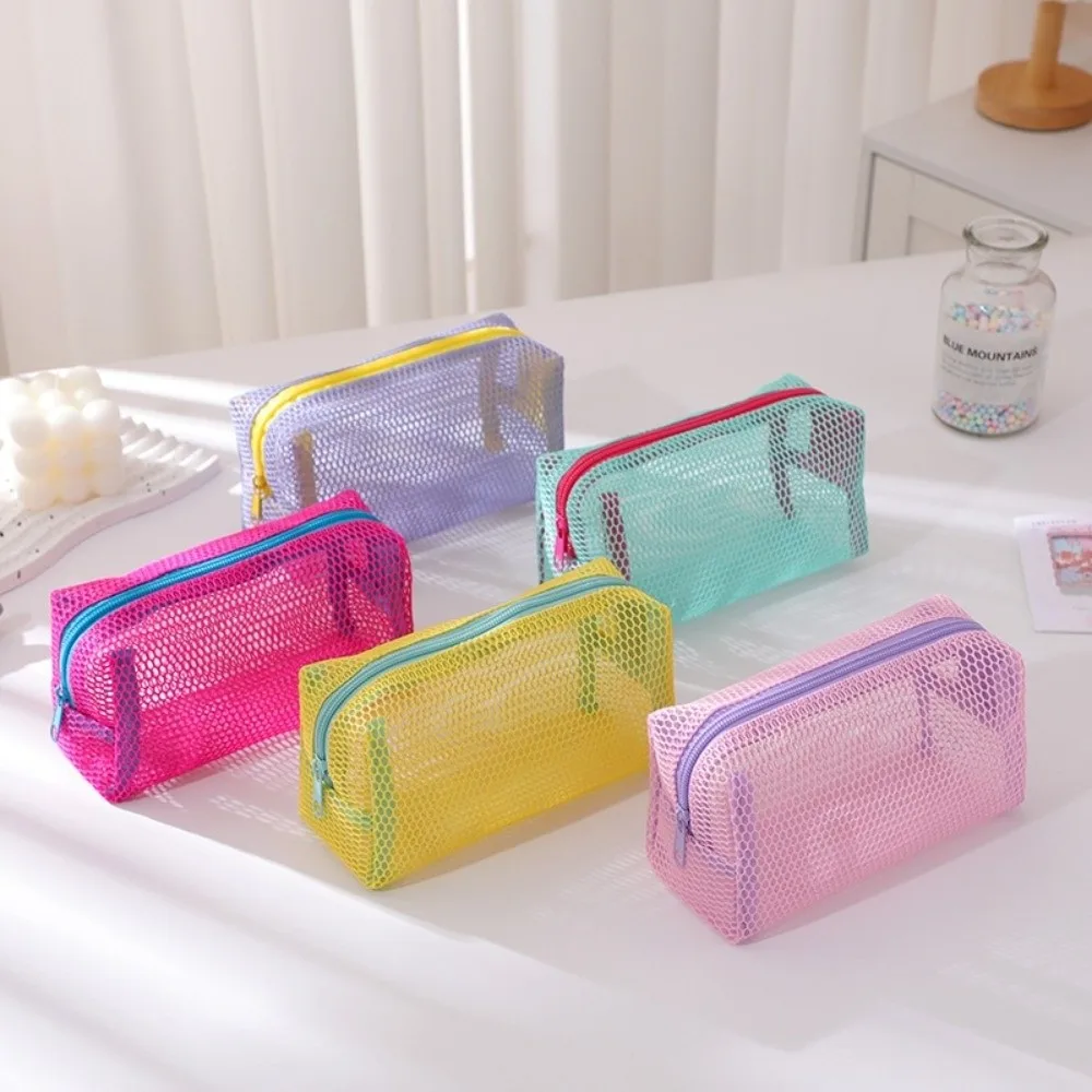 Portable Mesh Cosmetic Bag Transparent Large Capacity Zipper Coin Purse Dopamine Travel Toiletry Bag Travel