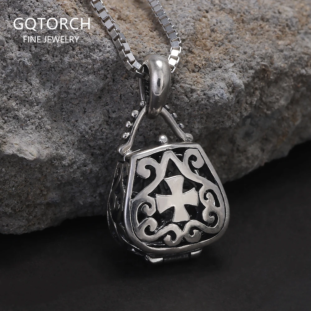 

925 Sterling Silver Cross Openable Locket Pendant Necklace Bag Shaped Photo Frame Pendant Aromatherapy Fashion Retro Jewelry