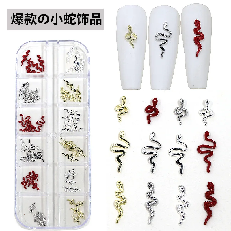 50/60PCS Mix Gold Silver Angola Red Little Snake Alloy Nail Art Rhinestones Decorations Manicure Cute Ornaments Accessories