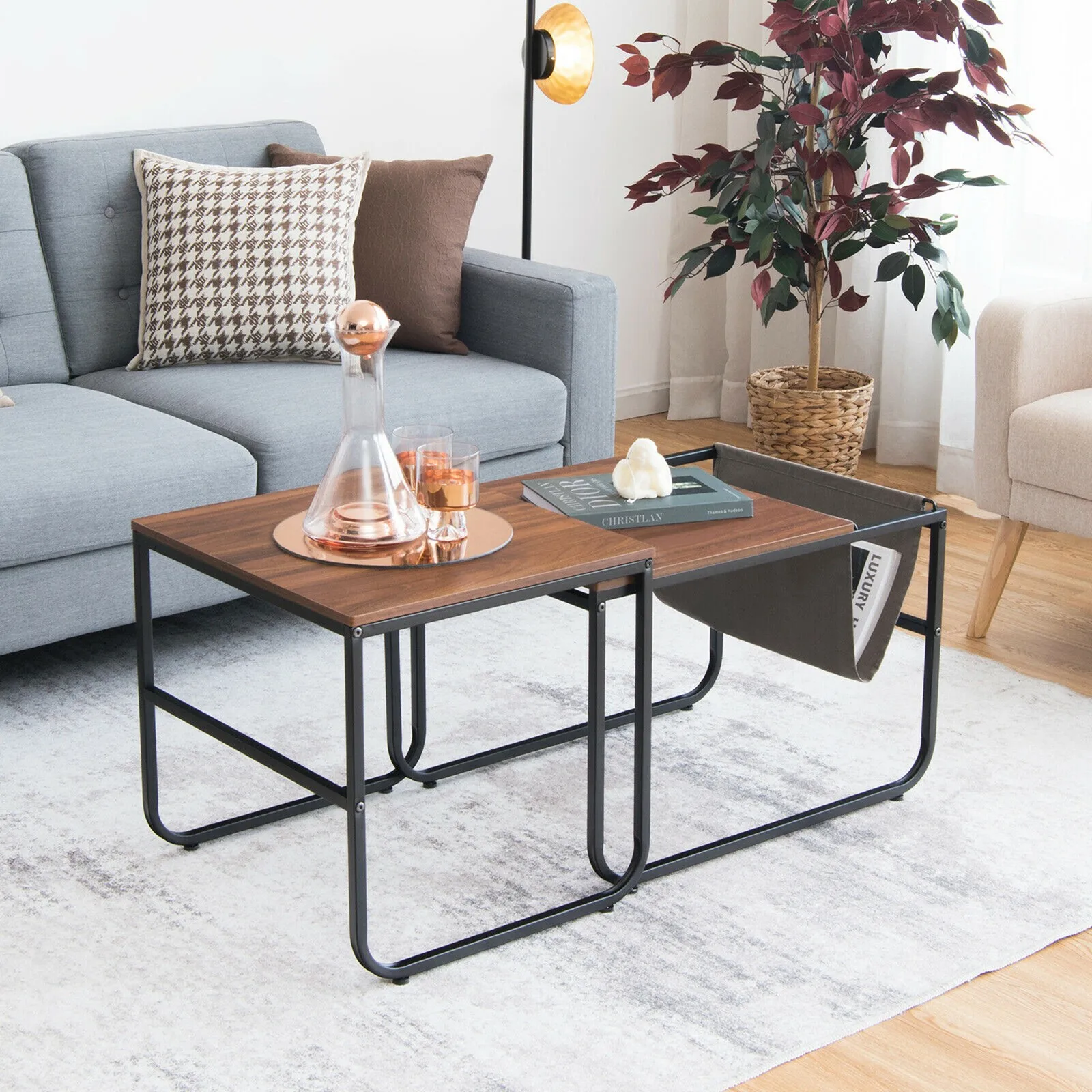 

Nesting Coffee Table Set of 2 Industrial Stackable Side Table w/ Magazine Holder