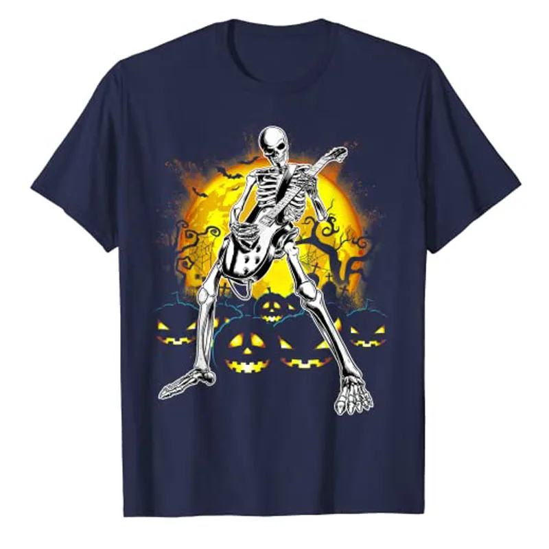 Happy Halloween Funny Skeleton Playing Guitar Pumpkin Vibes T-Shirt Gifts Fall Creepy Outfits Clothes Skull Printed Casual Tops