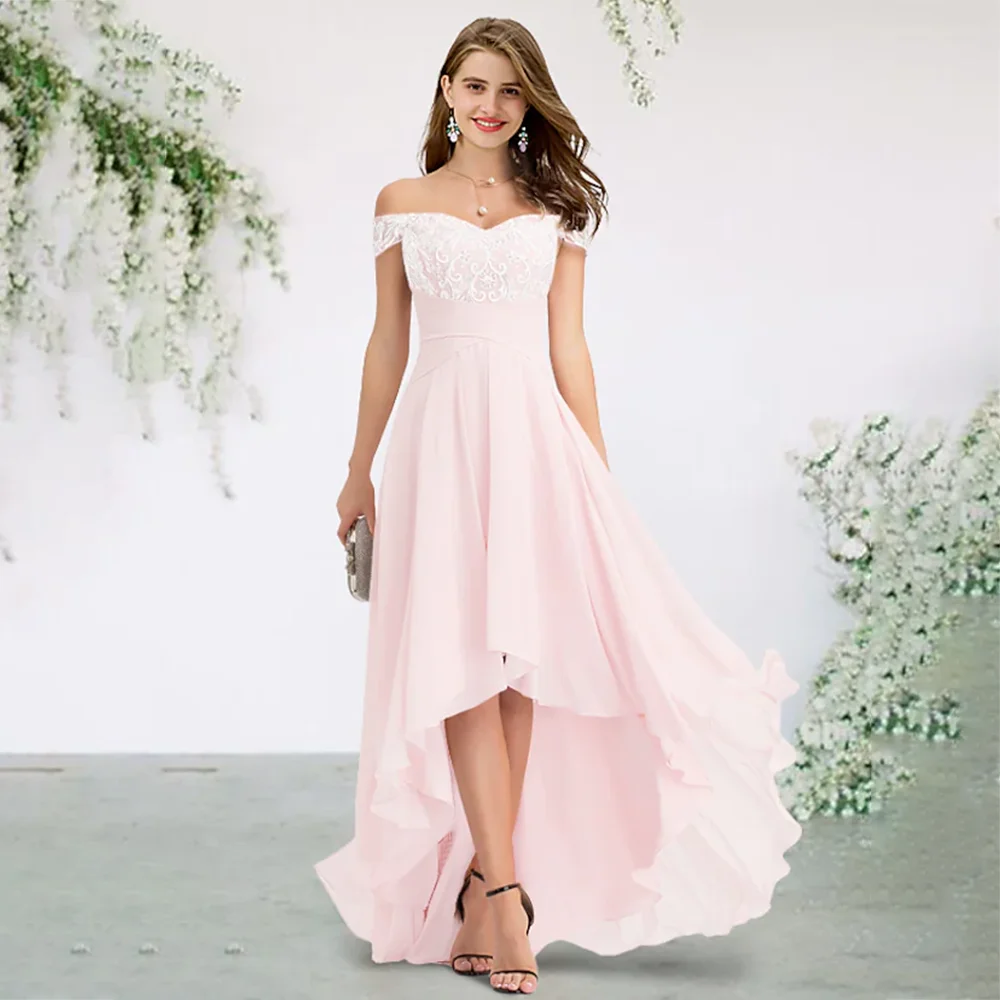 UETEEY Blush Pink Bridesmaid Dress Off Shoulder Short Sleeve Asymmetrical Chiffon 2022 High Low Wedding Party Gowns Brush Train