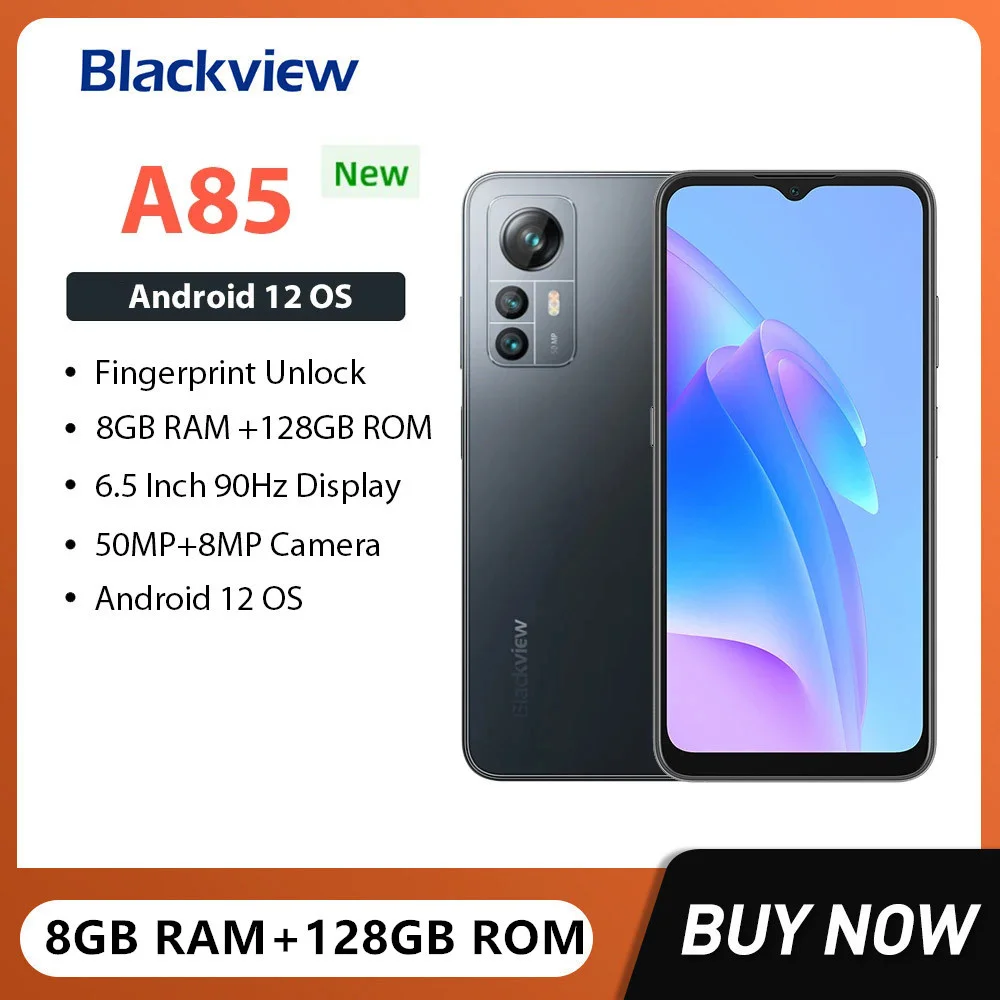 Blackview A85 Cheap 4G Smartphones 8GB+128GB 50MP Camera 6.5Inch Display Android 12 Mobile Phone 4480mAh Fast Charging Cellphone