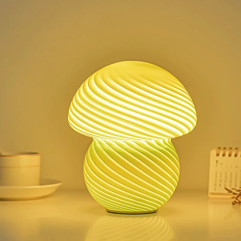 Glass LED Desk Lamp for Bedroom Bedside Korean Ins Style Striped Mushroom Table Decor Cute Translucent Ring