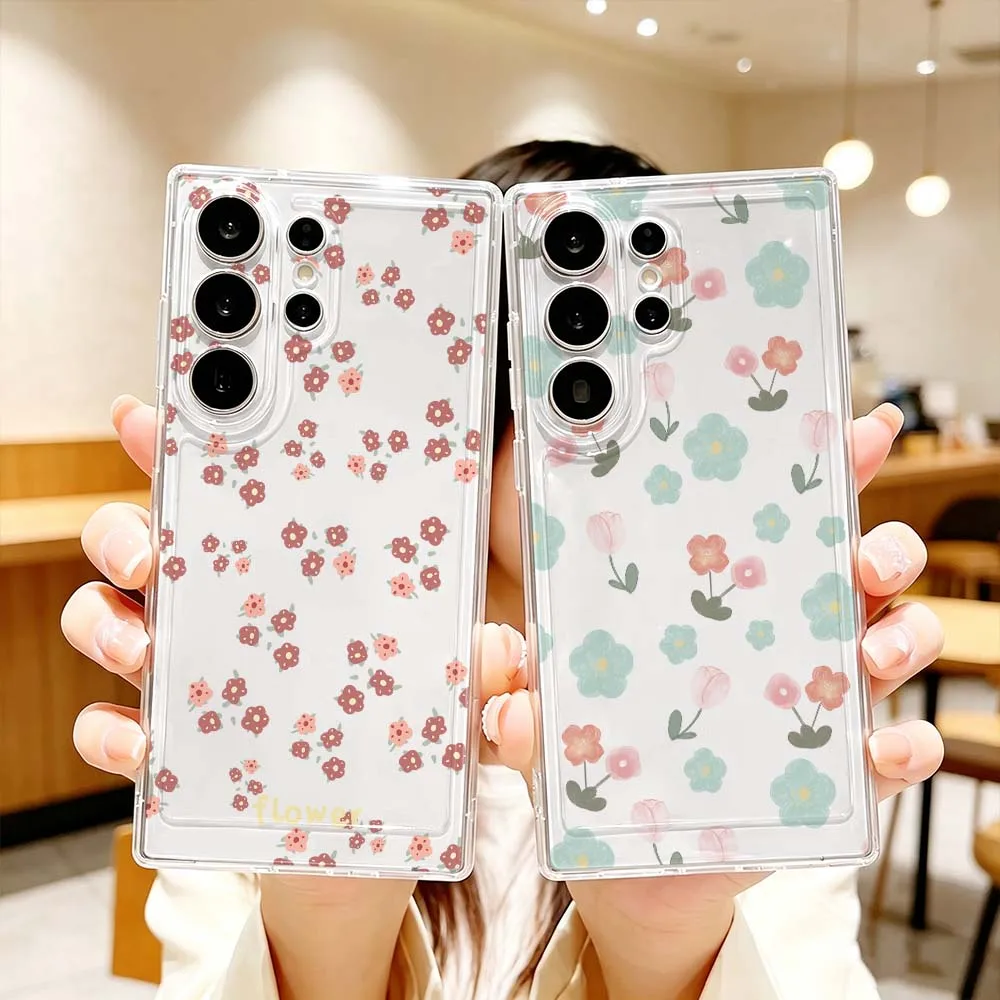 Cartoon Pink Blue Flowers Phone Case For Samsung Galaxy S26 S25 S24 S23 S22 S21 S20 Ultra Plus FE Pro 5G Transparent Cover
