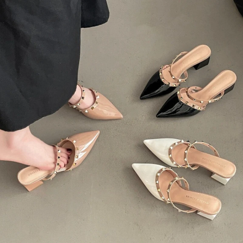 

Street Style Rivet Thick Heel Women Mules Slippers Elegant Pointed Toe Stripper Banquet Female Shoes New Summers Shoes