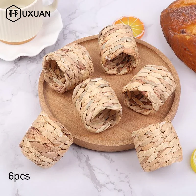 

6pcs Rural Style Napkin Rings Natural Straw Corn Husk Water Hyacinth Grass Bamboo Rattan Buckle Table Cloth Holder Eco-friendly