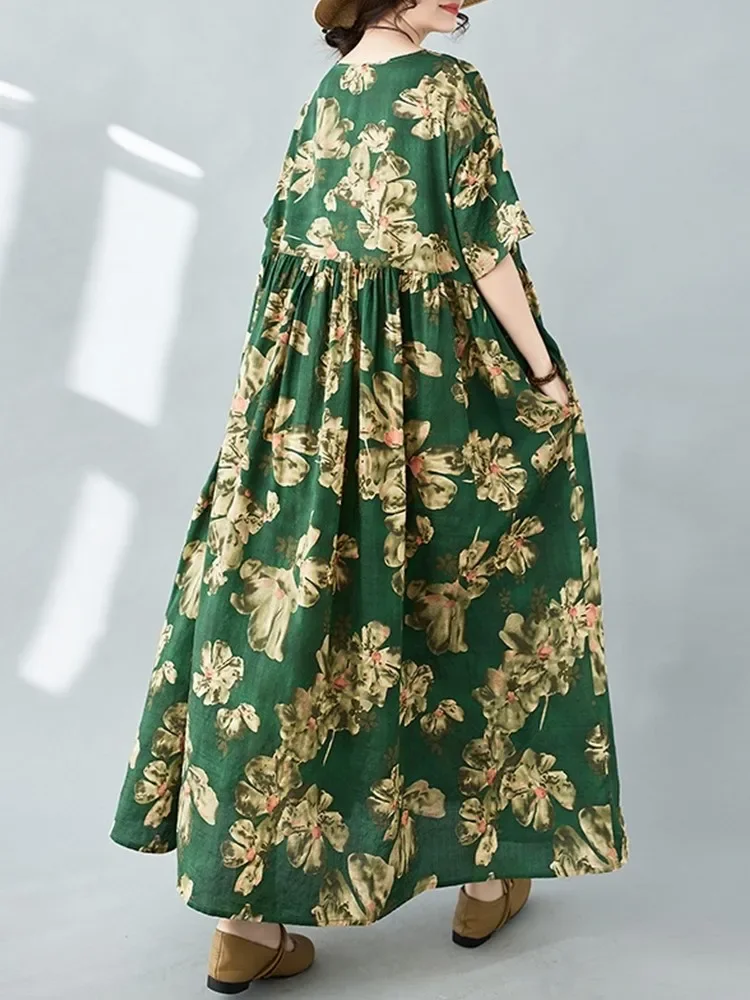 z krótkim rękawem oversize bawełna vintage kwiatowy nowość w sukienkach dla kobiet luźna długa letnia sukienka elegancka odzież 2025