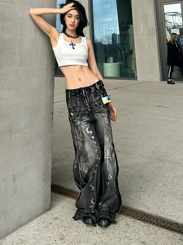 Pantalones vaqueros de talla grande con tinte anudado para mujer, pantalones de pierna ancha Vintage estilo hip hop americano, ropa de calle holgada, pantalones largos hasta el suelo 2024