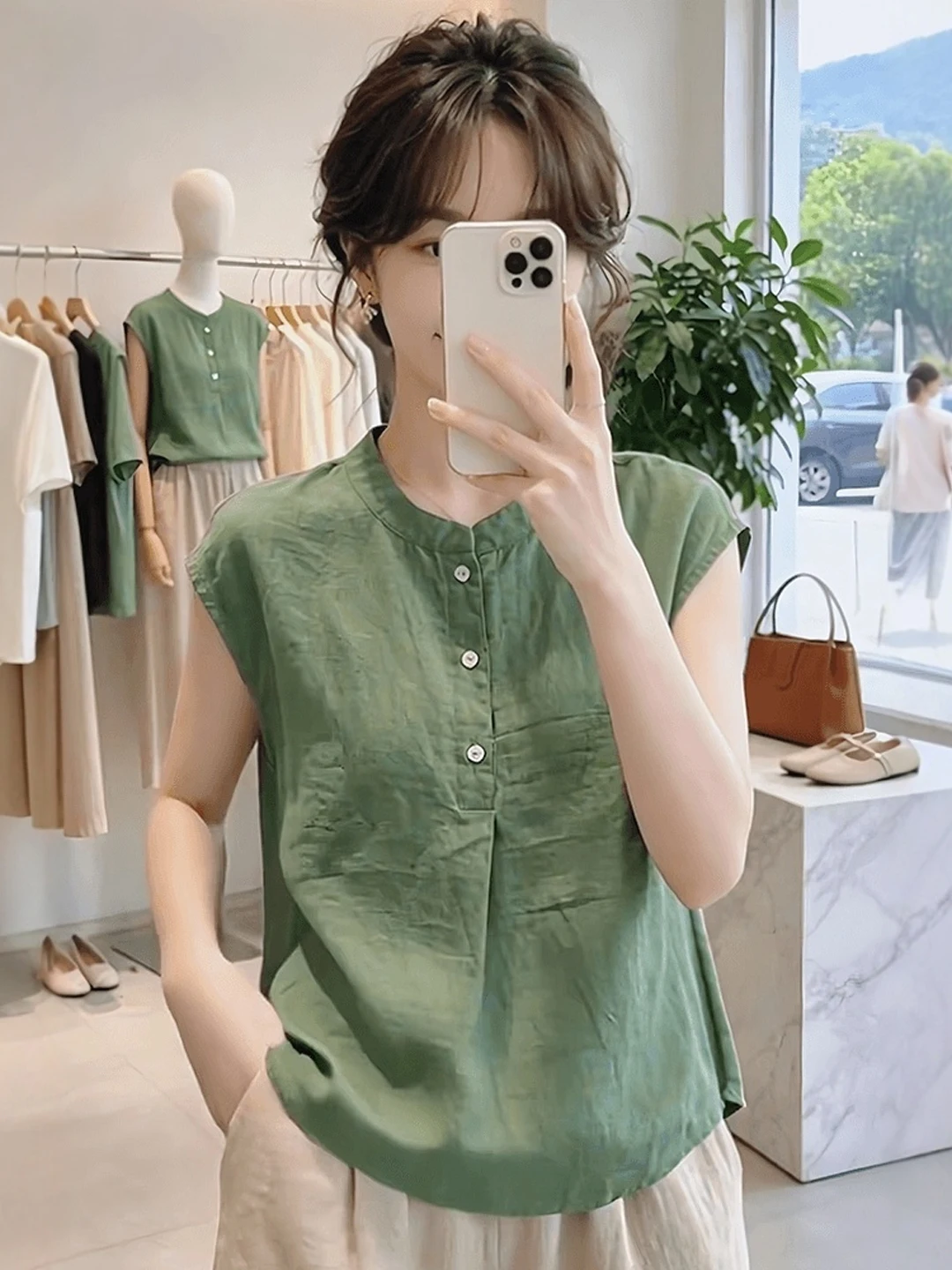 

Green Pure Cotton Loose Sleeveless Shirt Women's plus Size Summer New Style Elegant Youthful Top for Plump MM Commute Style