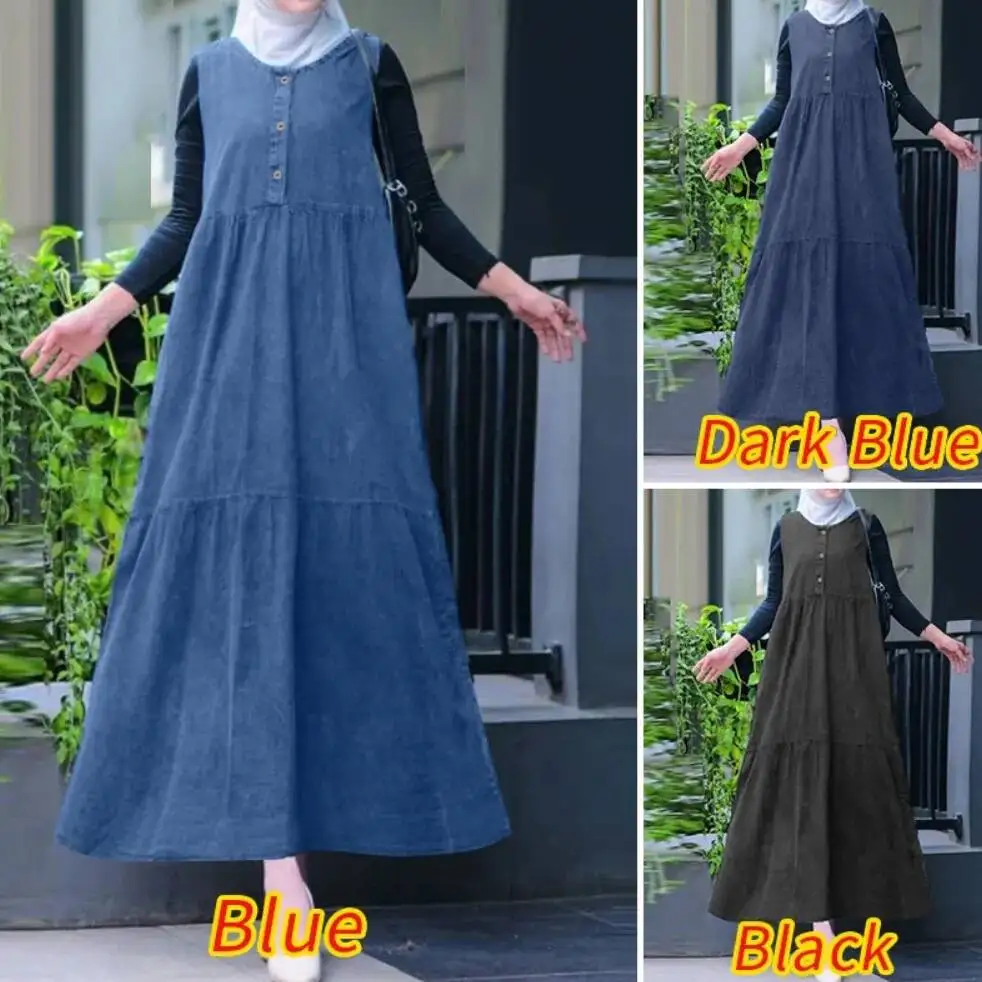 

2026 New Muslim Fashion Loose Large Sleeveless Long Solid Color Cowboy Dress Robe Abaya Ramadan Dubai Luxury Islam Elegant