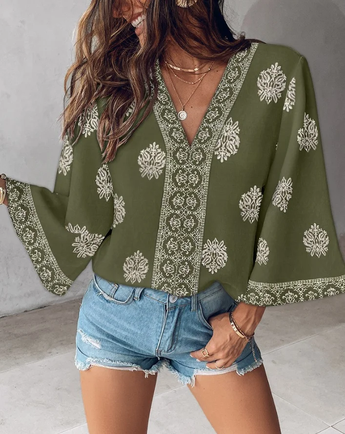 

Summer Tops Woman Vacation Loose Top New Fashion Womens Vacation Daily Floral Print V Neck Long Sleeve Blouses Woman Clothing