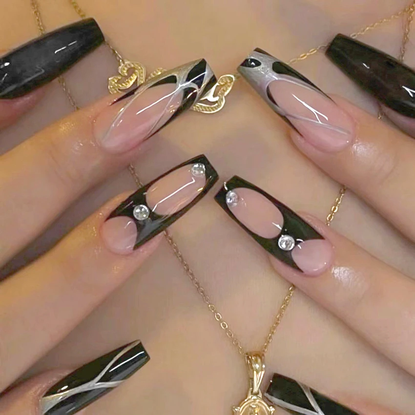 Nude Black Fake Nails with Rhinestone Natural Unbreakable Nail Simple Wear for Daily and Parties Wearing