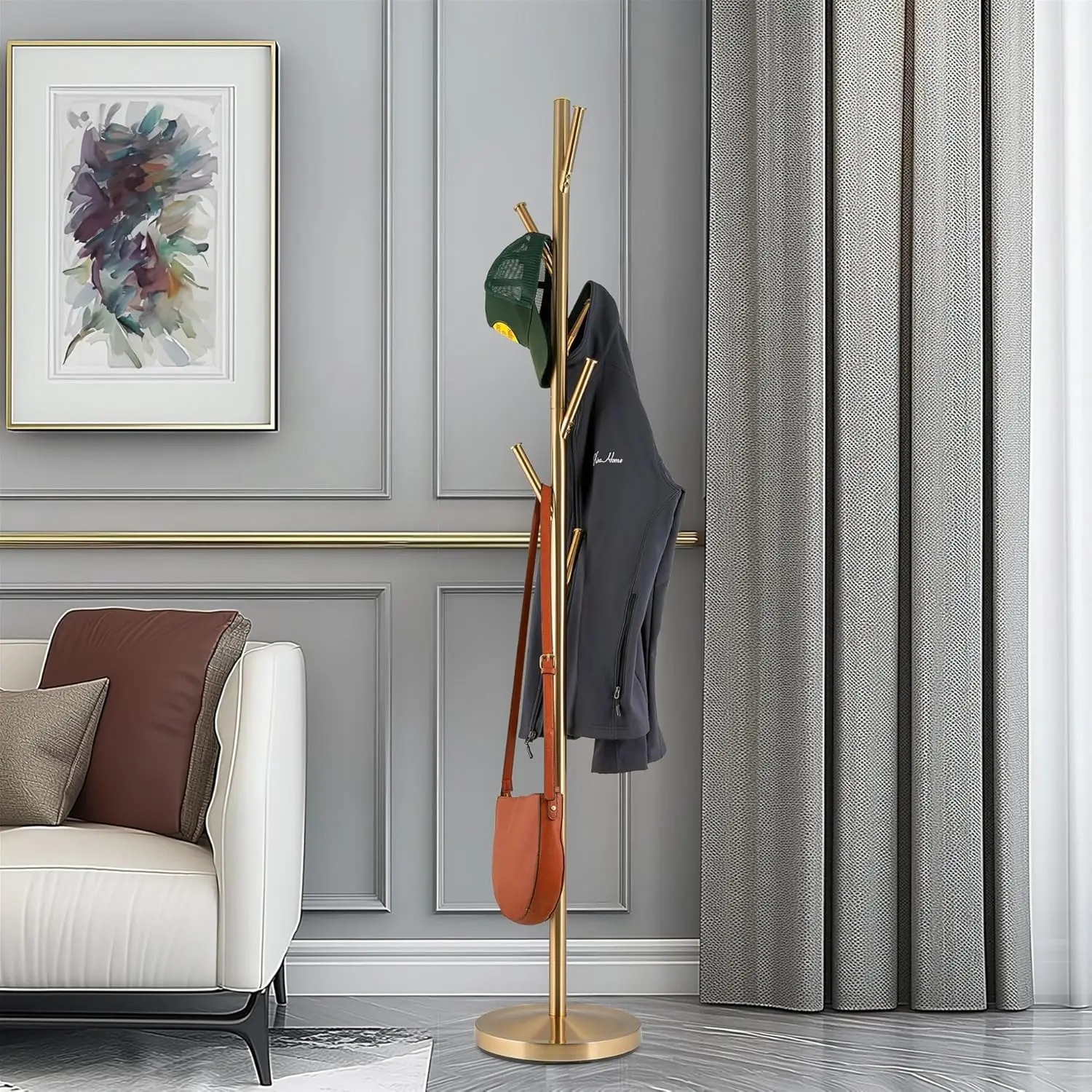 Addison 68" Modern 6 Hook Free Standing Metal Coat Rack, Weighted Base, Cool Brass Finish