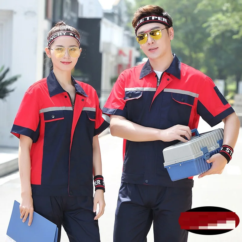 Ropa de trabajo reflectante de verano, Tops con pantalones, traje de trabajo de fábrica de manga corta, uniformes, monos de trabajador, ropa de trabajo de seguridad