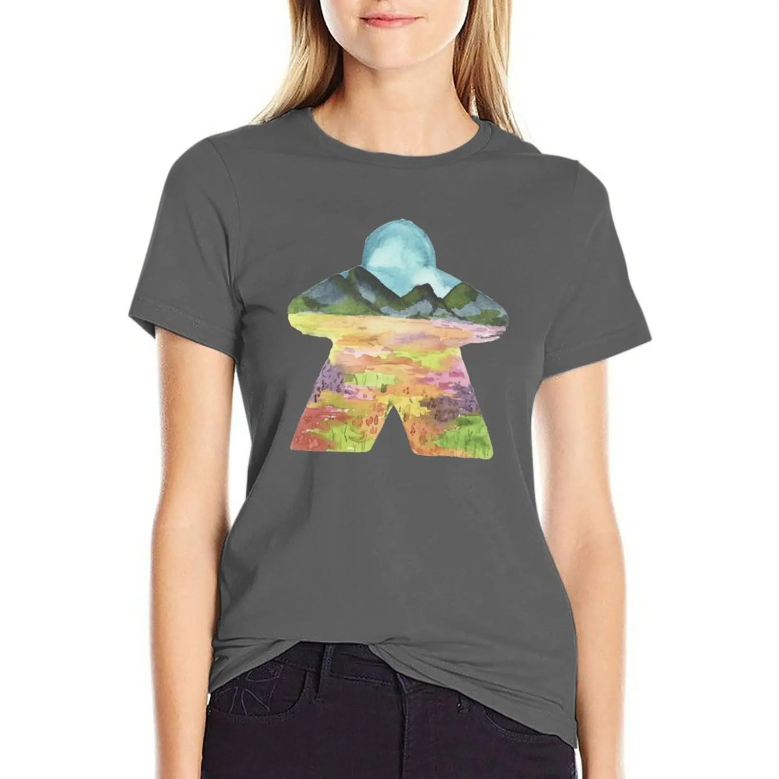 Watercolor Meeple Mountain Landscape Game Room Décor T-shirt korean fashion hippie clothes Female clothing tshirts woman