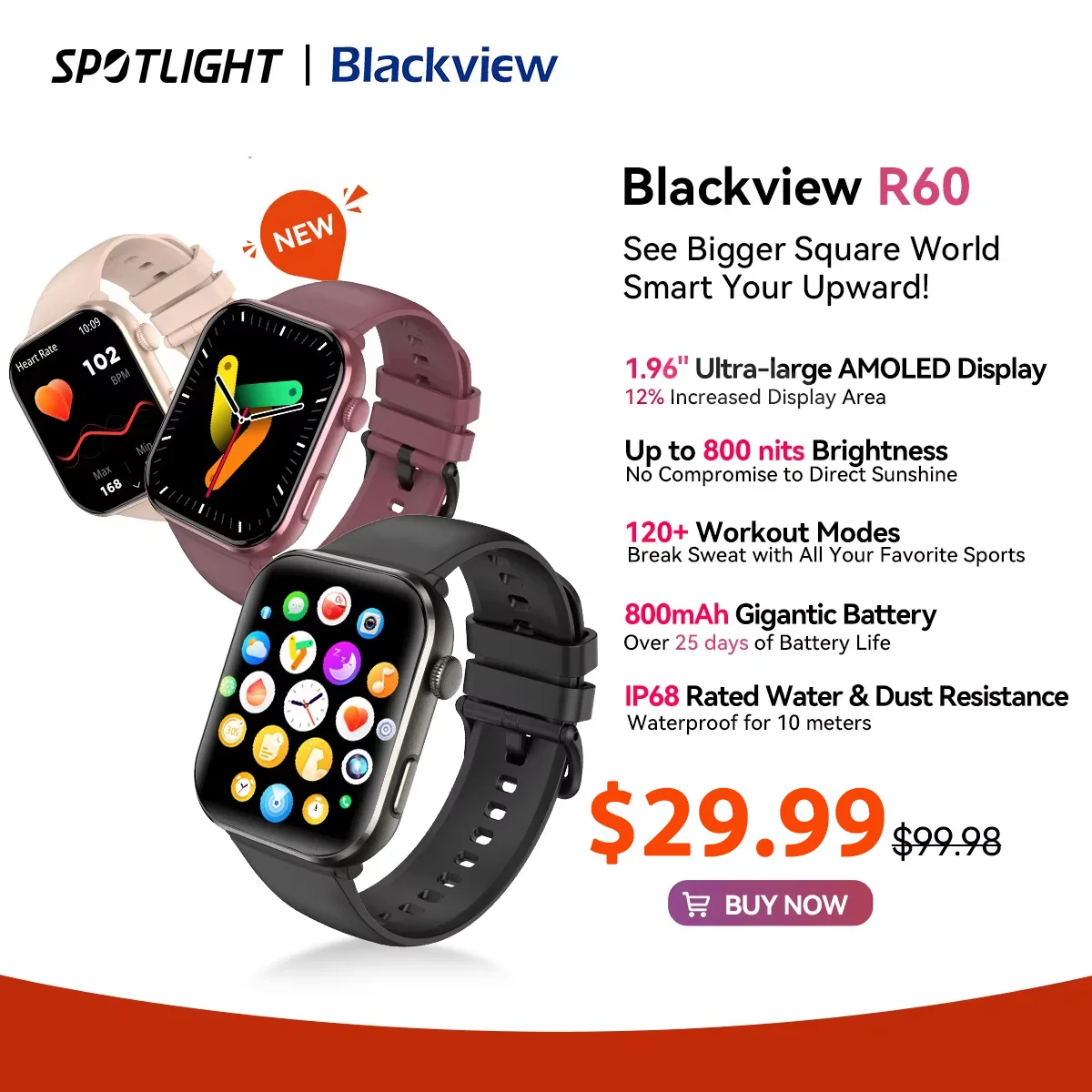 

[Мировая премьера] Blackview R60 Смарт-часы 1,96-дюймовый AMOLED-дисплей 800 мАч Bluetooth-телефонные звонки Часы для отслеживания здоровья и фитнеса