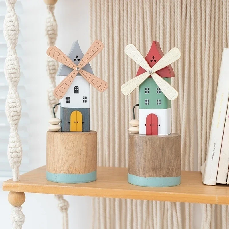 Vintage Wooden Windmill House Figurine Ornament for Home Room Office Accessories Rustic Farmhouse Tabletop Decor Birthday Gift