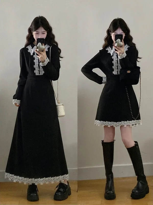 

Женская весенняя модная блузка в корейском стиле А-силуэта с длинным рукавом, кружевной отделкой и воротником в стиле Дороти Хепберн, большие размеры