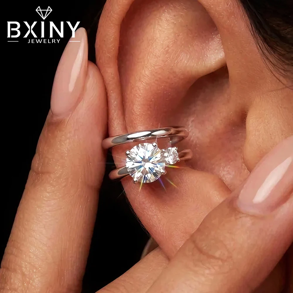 BXINY 0.5Carat Moissanite Ear Cuff 925 Sterling Silver No Piercing Earring Diamond Double Band Ear Studs for Women Gifts Jewelry