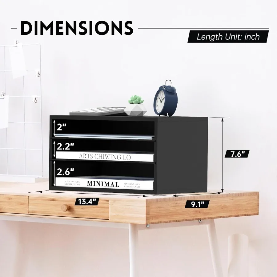 SUPEASY Organizador de escritorio de madera - Organizador de archivos de papel de 3 niveles para oficina, escuela y uso doméstico, negro - Solución de almacenamiento eficiente con
