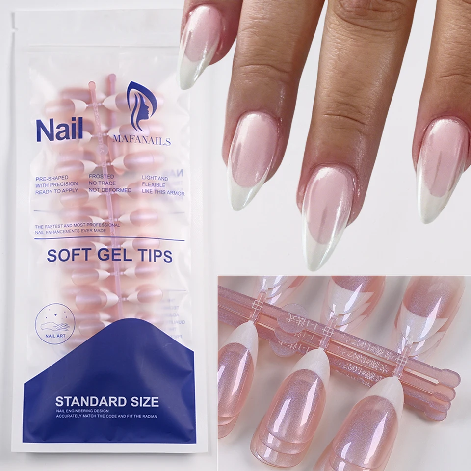 120pcs uñas postizas francesas perladas, cortas almendra, de cobertura total, borde blanco, 12 tallas, rosas 5
