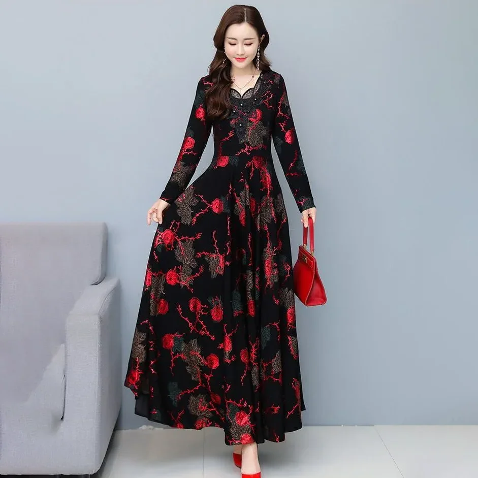 Otoño Invierno nuevo vestido de manga larga estampado bronceado con cuello en V mujeres gran Swing longitud media hasta el muslo que cubre vestidos de noche adelgazantes