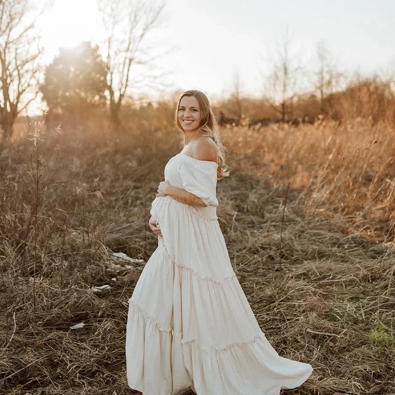 Bohemian Maternity Photo graphy Dress for Baby Shower Photoshoot Maternity Wear Straight shoulder Sweet Style