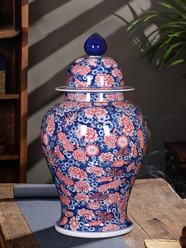 Hand-painted Ceramic Vase Blue  White Porcelain General Jar New Chinese Living Room Floor-standing Jingdezhen Ornaments Large