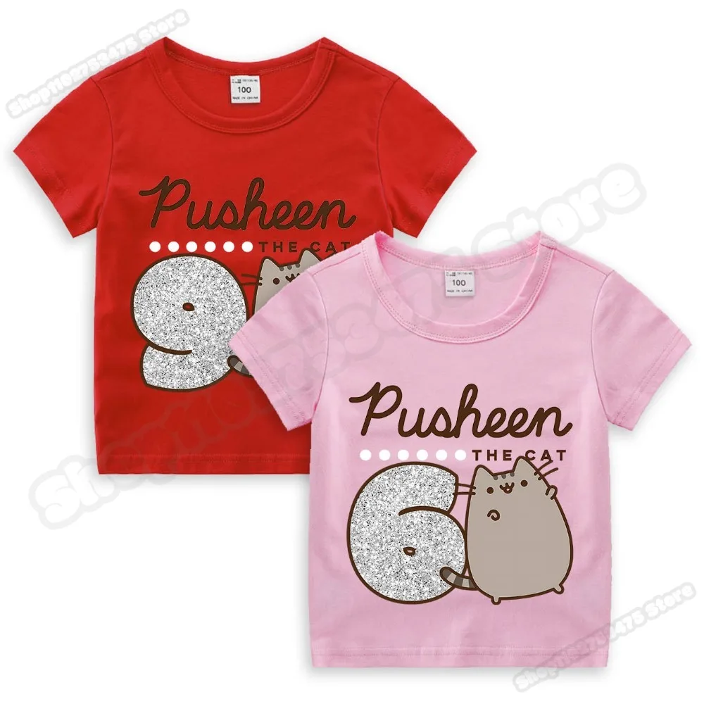 Pusheen Meisjes Cartoon Leuke T-shirt Kinderen Anime Kawaii Tee Kids Casual Katoenen Kleding Zomer Verjaardag Nummer Top Geschenken 2024