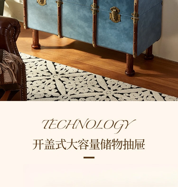 Coffee table solid wood table rattan suitcase leather side cabinet