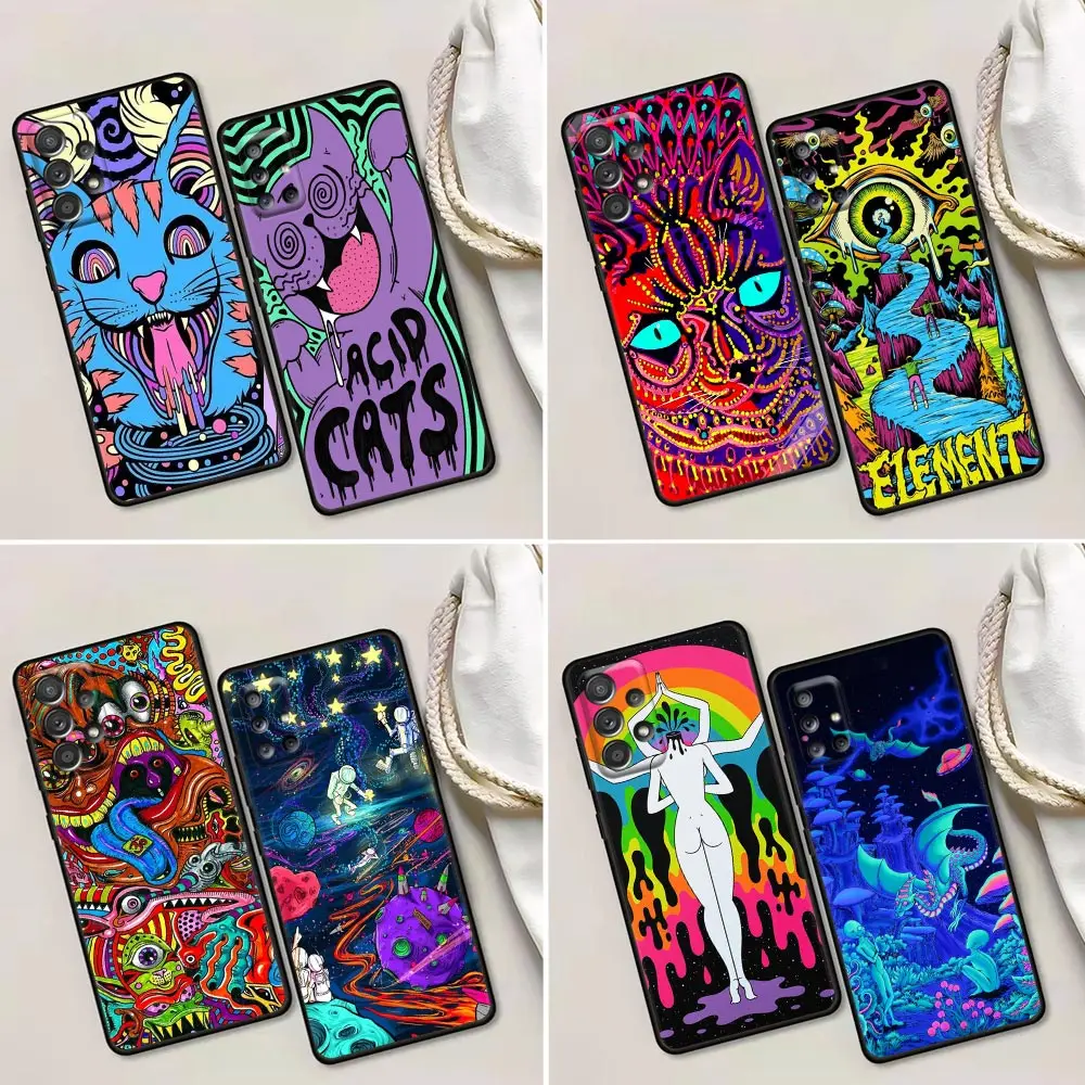 Psychedelic Trippy Cat Drawing Case For Samsung Galaxy A52 A73 A53 A72 A52S A71 A51 A54 Note 20 Ultra 10 9 8 Silicone Back Cover