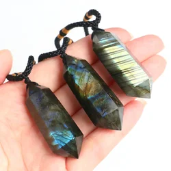 Natural Labradorite Pendant Men Women Necklace Double Stick Hexagon Point Energy Blue Crystals Quartz Moonstone Jewelry Ornament